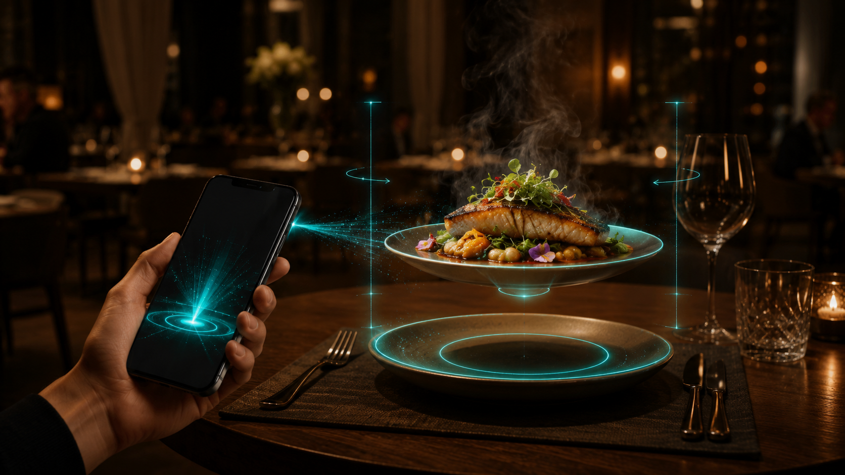 A diner points a phone at the table and a steaming signature dish appears life-sized, hovering above the empty plate, ringed by Triovision's teal AR placement and rotation guides.